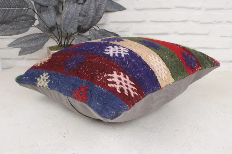 Ethnical Kilim Rug Pillow, Vintage Kilim Throw Pillow, Cushion Case, 16x16 Blue Cushion, Office Chair Cushion Cover, Turkish Pillow - 6