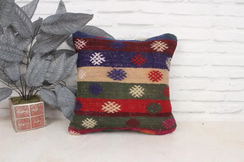 Ethnical Kilim Rug Pillow, Vintage Kilim Throw Pillow, Cushion Case, 16x16 Blue Cushion, Office Chair Cushion Cover, Turkish Pillow - 1