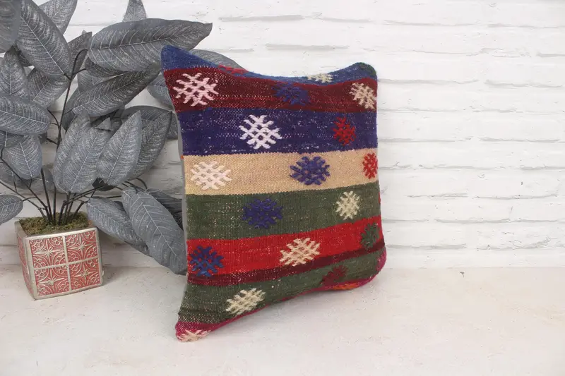 Ethnical Kilim Rug Pillow, Vintage Kilim Throw Pillow, Cushion Case, 16x16 Blue Cushion, Office Chair Cushion Cover, Turkish Pillow - 3