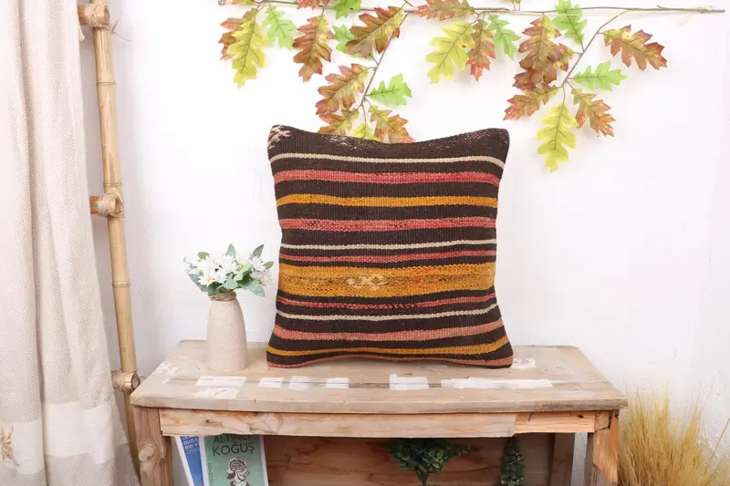 Throw Kilim Pillow, Pillow for Couch, 18x18 Brown Cushion, Pillow Case, Authentic Pillow, Traditional Pillow, Antique Pillows - 1