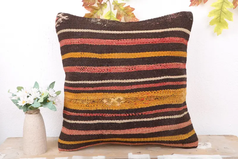 Throw Kilim Pillow, Pillow for Couch, 18x18 Brown Cushion, Pillow Case, Authentic Pillow, Traditional Pillow, Antique Pillows - 2