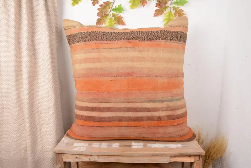 Orange & Brown Striped Throw Pillow, 32x32 Vintage Embroidered Pillow