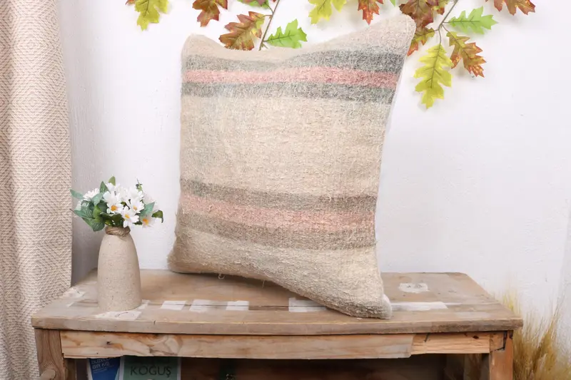 Cozy Throw Cushion Case, 20x20 Beige Cushion, Pillow for Sofa, Turkish Kilim Pillow, Custom Cushion Cover, Pillow Sham, Handmade Kilim Cushion - 4
