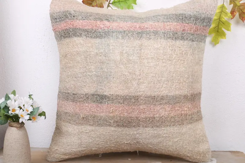 Cozy Throw Cushion Case, 20x20 Beige Cushion, Pillow for Sofa, Turkish Kilim Pillow, Custom Cushion Cover, Pillow Sham, Handmade Kilim Cushion - 2