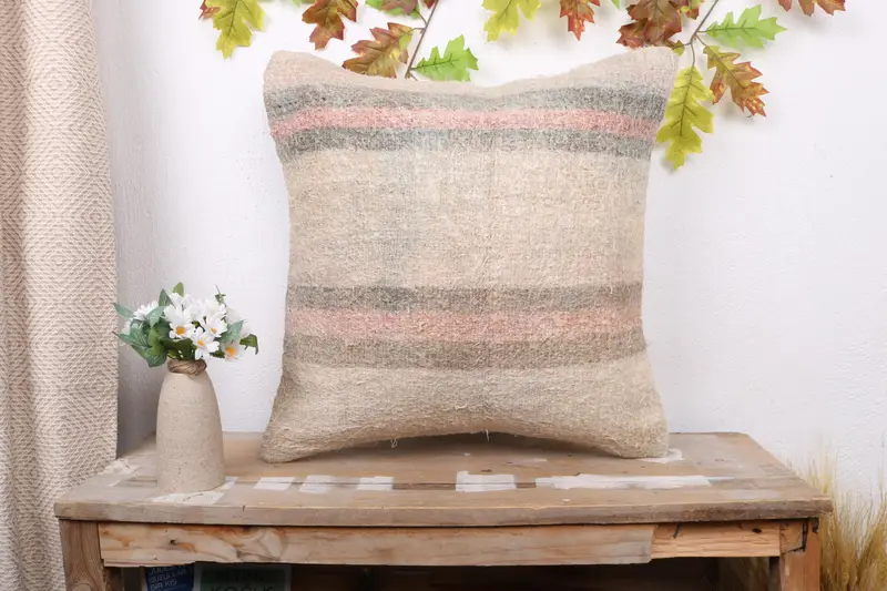 Cozy Throw Cushion Case, 20x20 Beige Cushion, Pillow for Sofa, Turkish Kilim Pillow, Custom Cushion Cover, Pillow Sham, Handmade Kilim Cushion - 1
