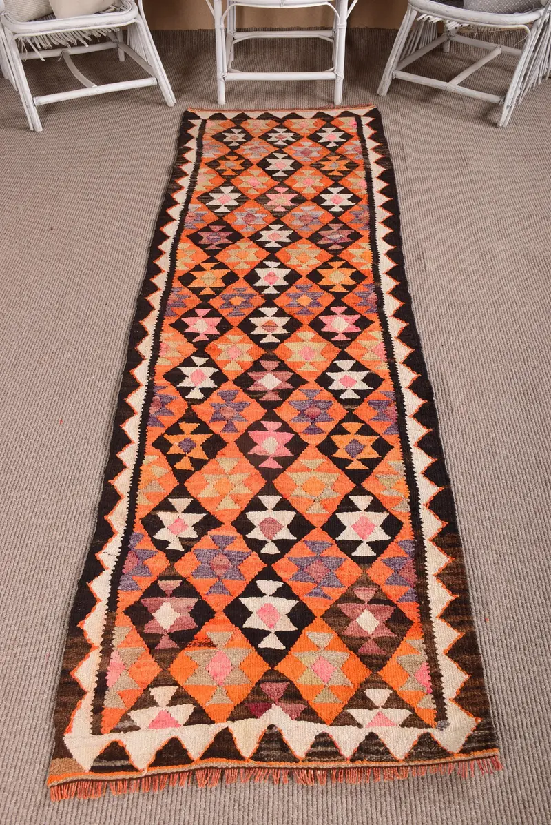 Türkischer Läuferteppich 2,5 x 8,5 Fuß, Vintage-Kelim-Orange-Patchwork-Wollteppich - 1