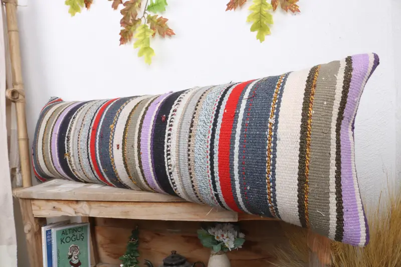 Handmade Kilim Cushion, 12x43 Blue Pillow Sham, Shabby Chic Pillow, Bench Cushion, Home Decor Pillow, Floor Pillow, Pillow, Turkish Kilim Pillow - 4