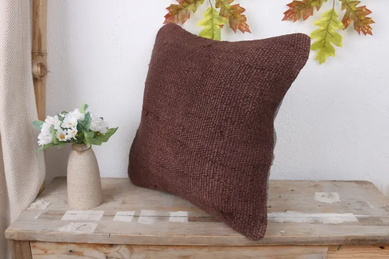 One Of A Kind Cushion, Handmade Kilim Cushion, Kilim Pillow, 16x16 Brown Cushion Cover, Vintage Pillow, Pillow Sham, Muted Pillow Case - 4
