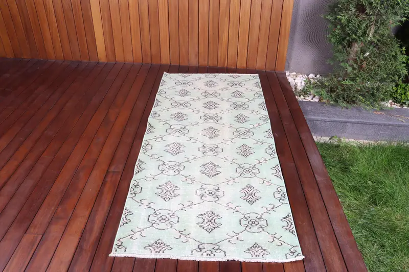 Türk 2.8x6.6 ft Halı, Oushak Vintage Halı, Yeşil Kareli Halı Yün - 1