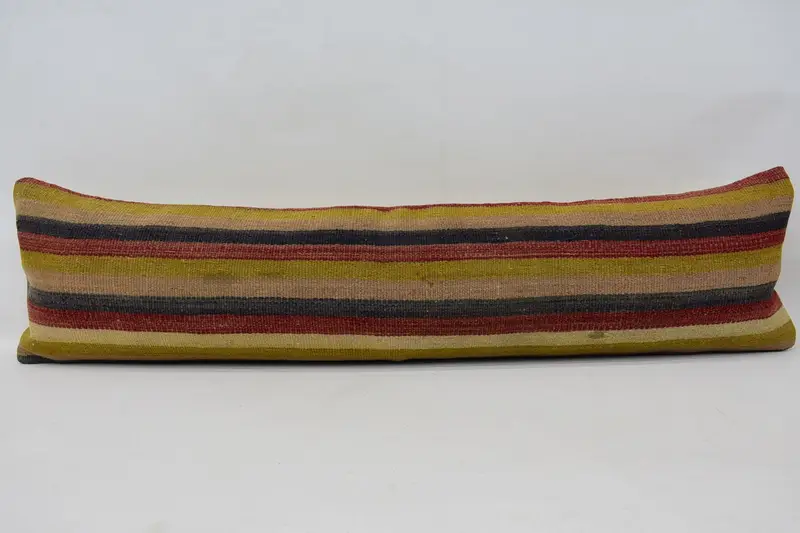 Striped Blue Vintage Pillowcase, Antique 12x48 inch Wool Euro Sham - 1