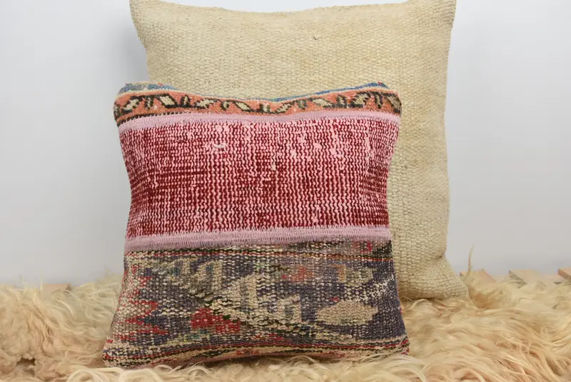 Cushion Cover, Authentic Cushion, Anatolian Cushion, Kilim Cushion Sham, Kilim Pillow Cover, 14x14 Red Pillow, Vintage Kilim Throw Pillow - 6
