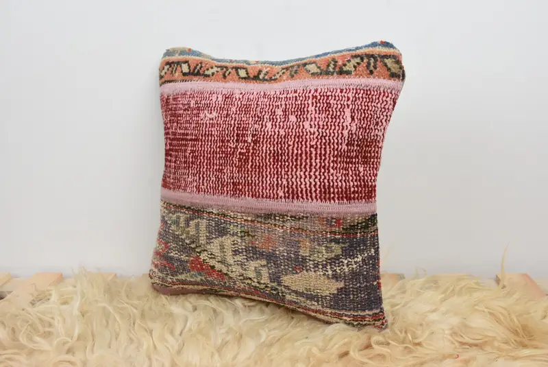 Cushion Cover, Authentic Cushion, Anatolian Cushion, Kilim Cushion Sham, Kilim Pillow Cover, 14x14 Red Pillow, Vintage Kilim Throw Pillow - 7