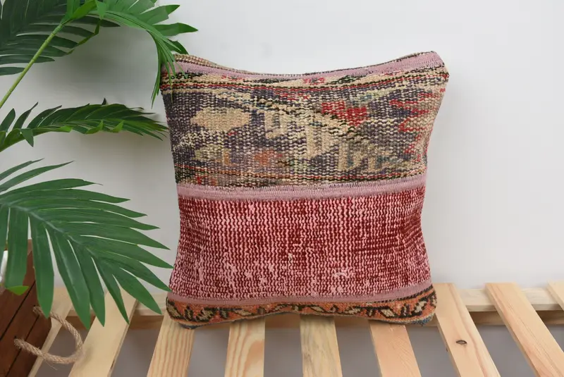 Cushion Cover, Authentic Cushion, Anatolian Cushion, Kilim Cushion Sham, Kilim Pillow Cover, 14x14 Red Pillow, Vintage Kilim Throw Pillow - 1
