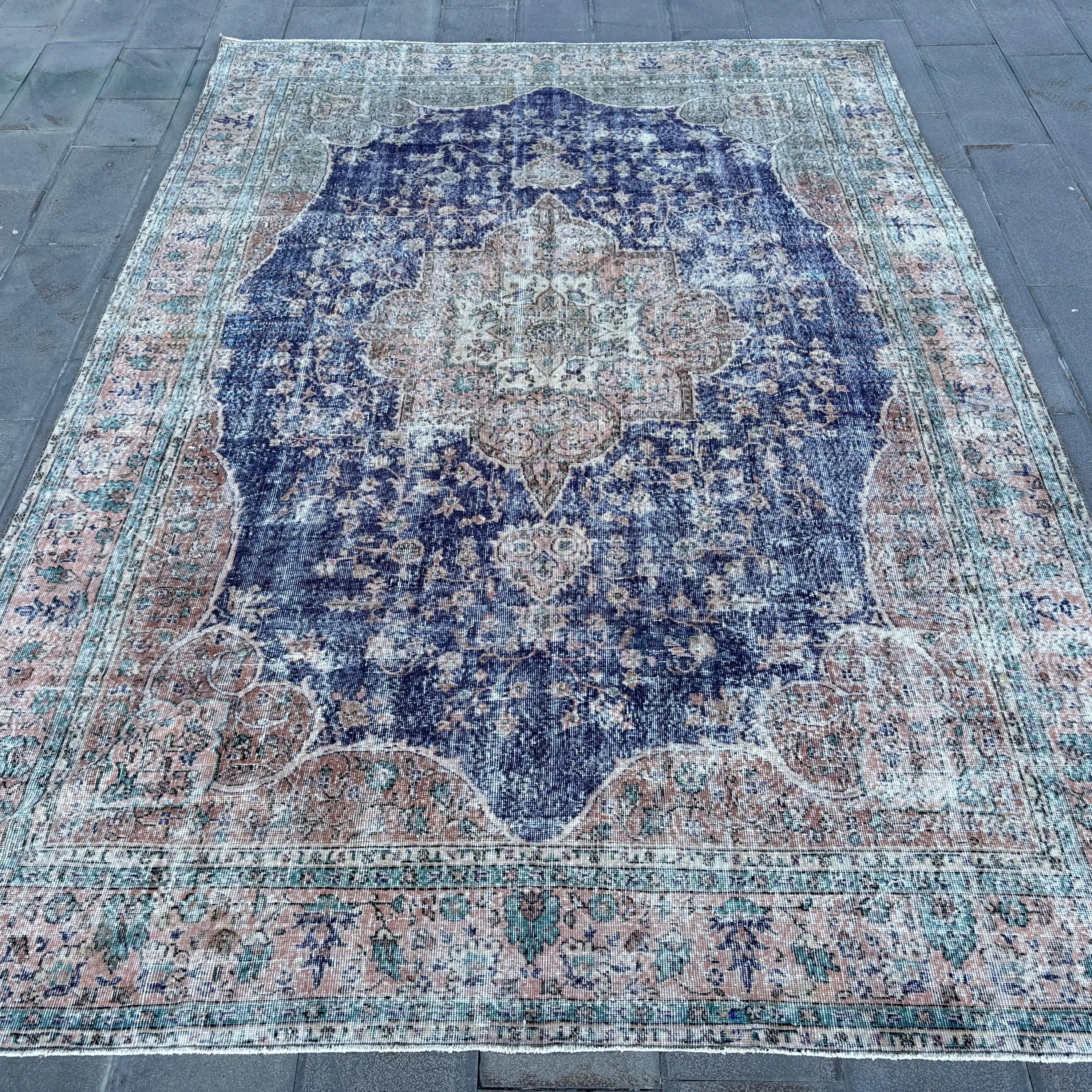 8,4x12 ft türkischer Vintage Teppich, Oversize Teppich, blau karierter Teppich - 1