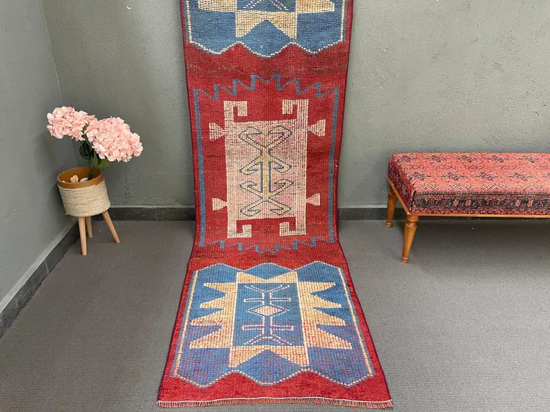 Turkish Vintage Rug, 2.7x9.7 ft Runner Rug, Red Herki Abstract Rug - 1