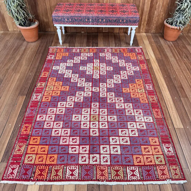 Turkish Vintage Oushak Rug 4.7x6.4 ft (143x196 cm), Red Abstract Wool Rug - 1