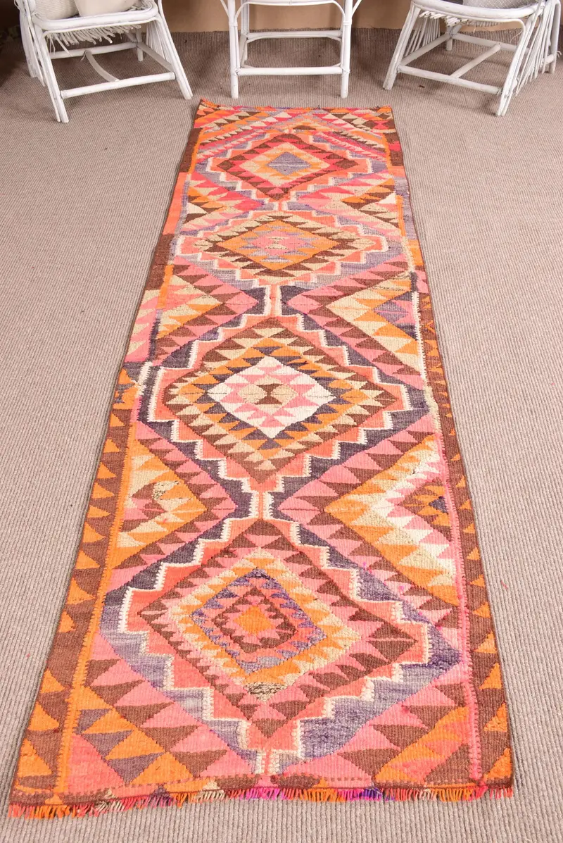2.8x9.2 ft Kilim Rug, Turkish Vintage Rug, Orange Purple Southwestern Rug - 1