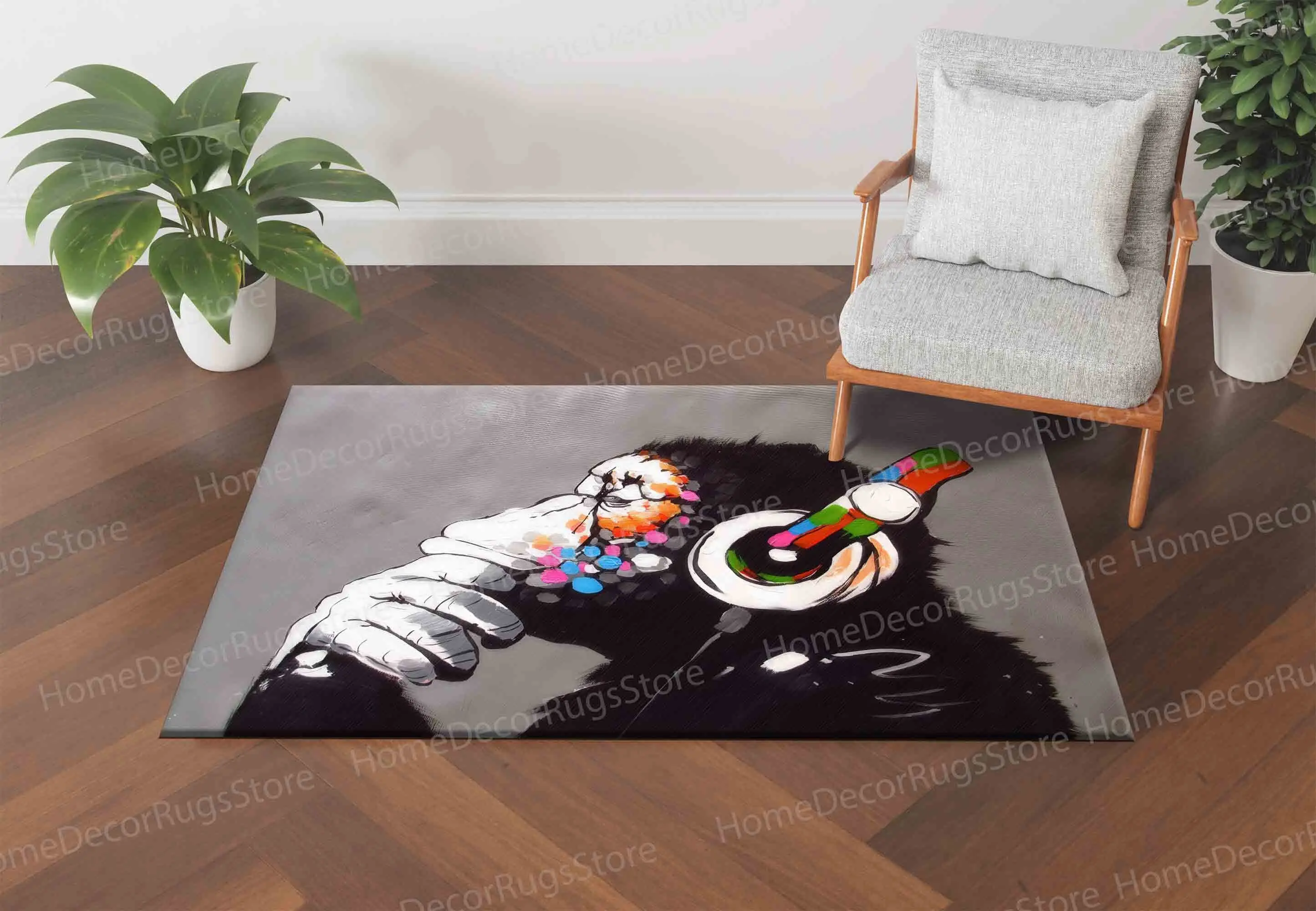 Elegant Printed Rug Featuring Banksy Monkey Art Design - 1