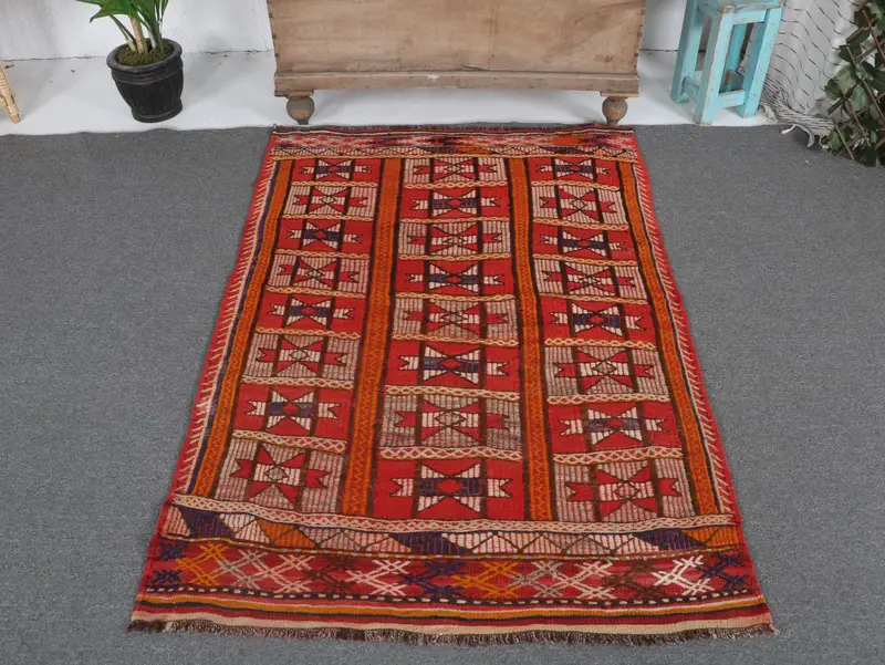 Red, Orange Striped Rug, 3x5 ft Geometric Design