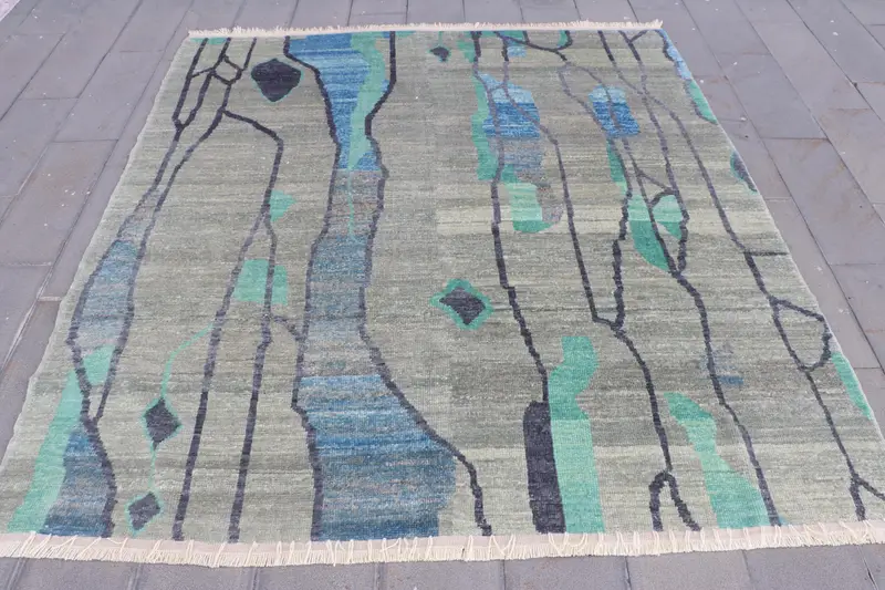 Handmade Modern Rug, Green & Blue Abstract Fringed Rug