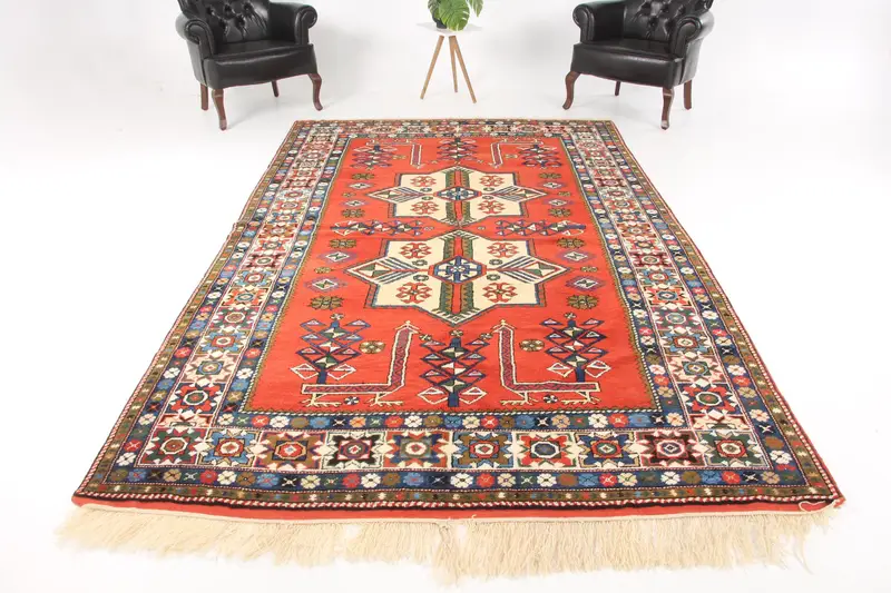 6.4x10.7 ft Turkish Rug, Vintage Large Rug, Red Blue Patchwork Wool Rug - 1