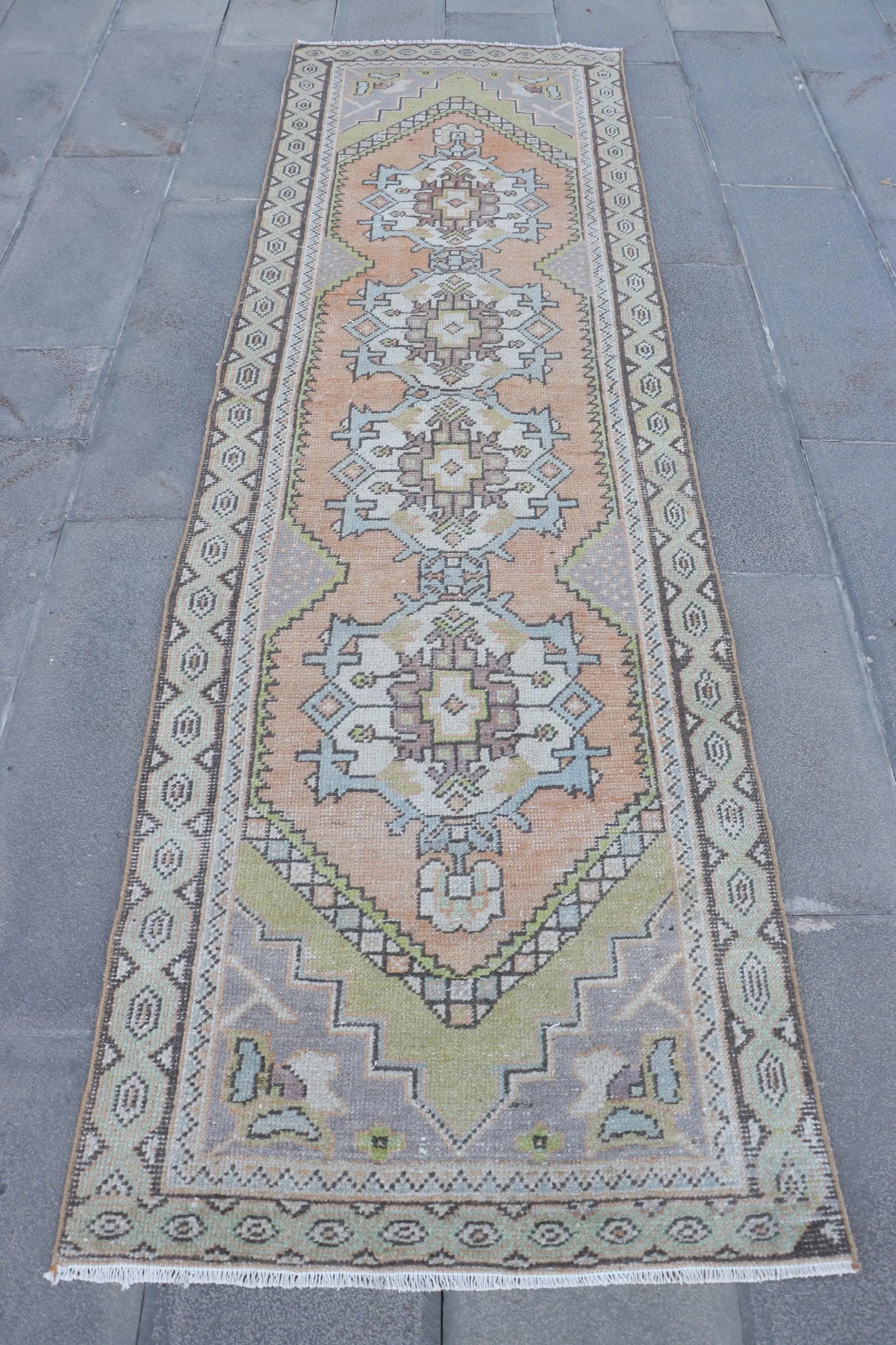 Vintage Runner Rug 2.7x9.3 ft, Turkish Brown Floral Wool Rug - 1