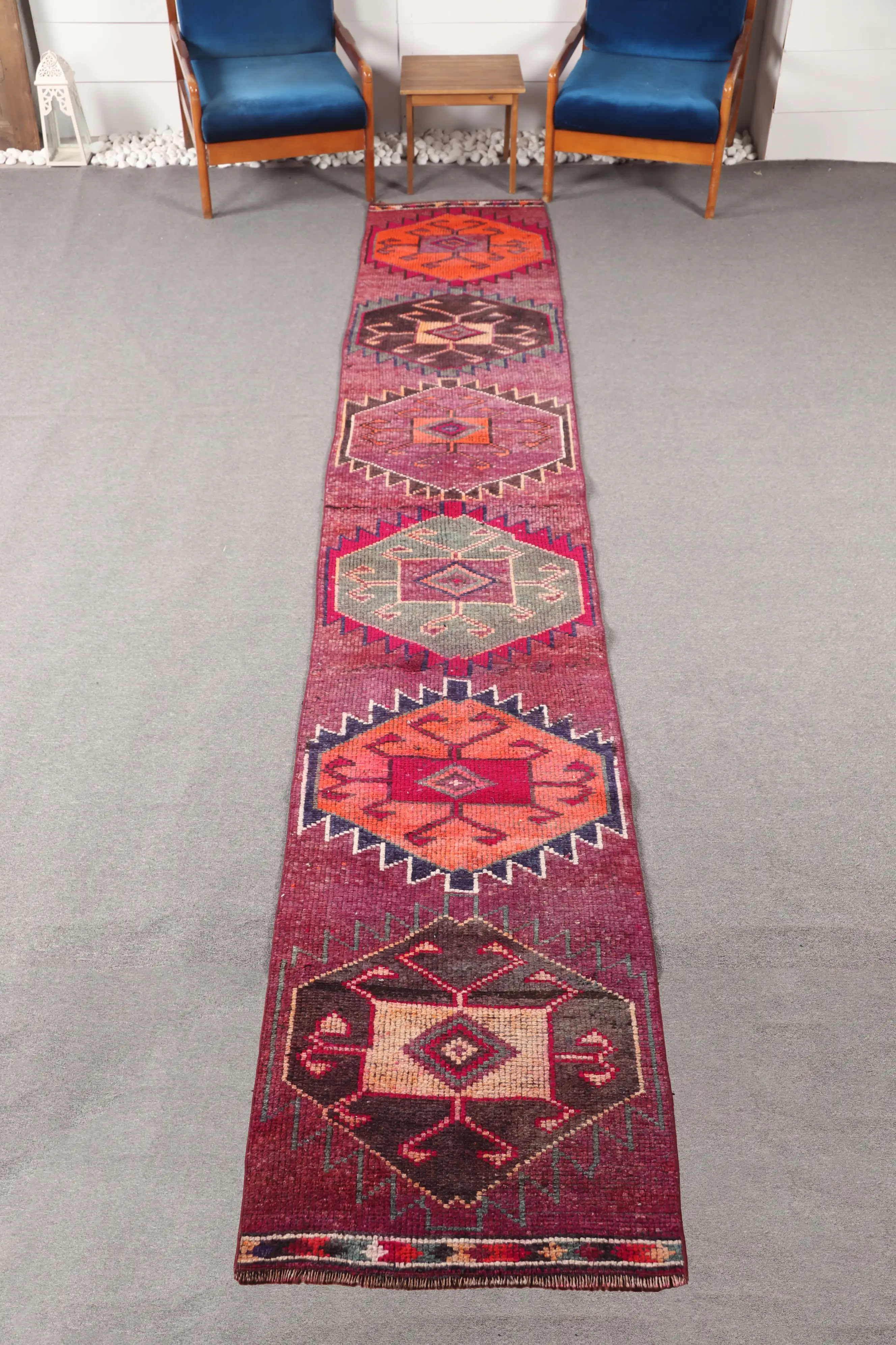 Turkish Vintage Rug 2.3x13.6 ft, Purple Herki Geometric Rug - 1
