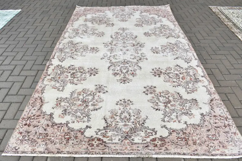Alfombra turca, alfombra grande de 6,2x10,2 pies, alfombra de lana Oushak marrón blanco - 1