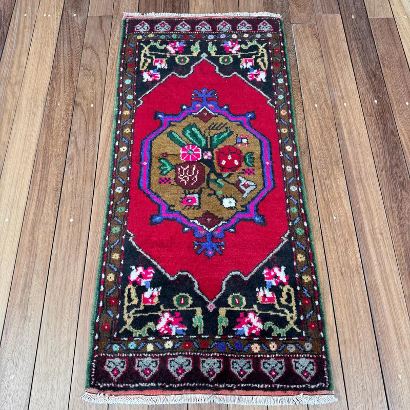 Vintage Small Rug 1.9x4 ft, Red Ombré Turkish Wool Rug - 1