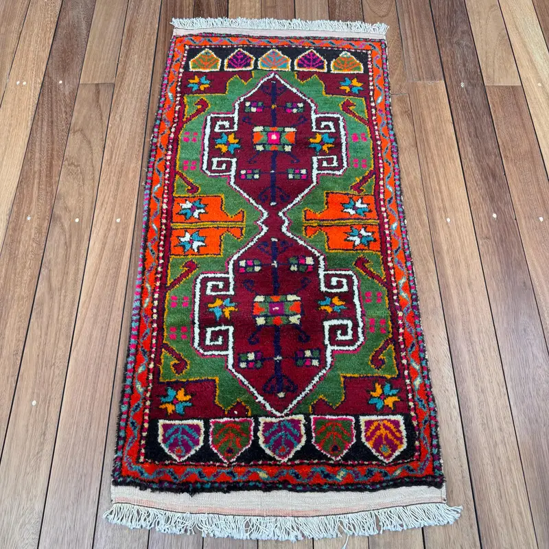 1.9x3.8 ft Vintage Rug, Oushak Rug, Red Check Rug Wool - 1