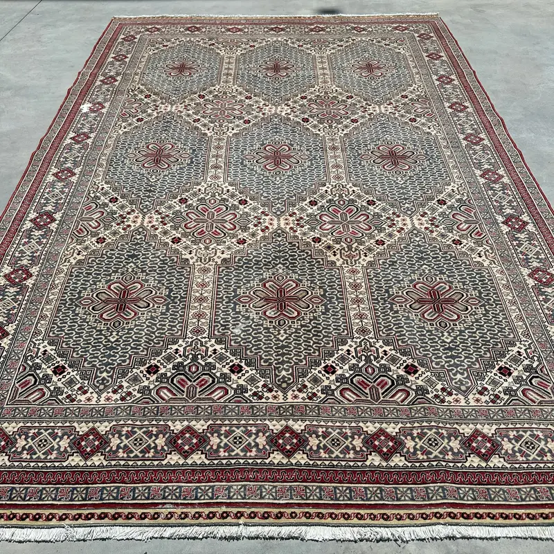 Turkish Large Rug 6.5x9.6 ft, Vintage Oushak Beige Striped Wool Rug - 1