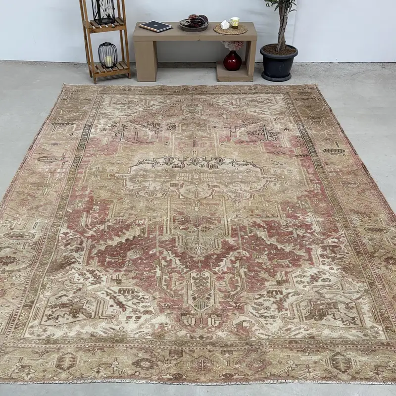 9,4x11,7 ft Oushak Teppich, türkischer Vintage Teppich, beige rot gestreifter Teppich - 1