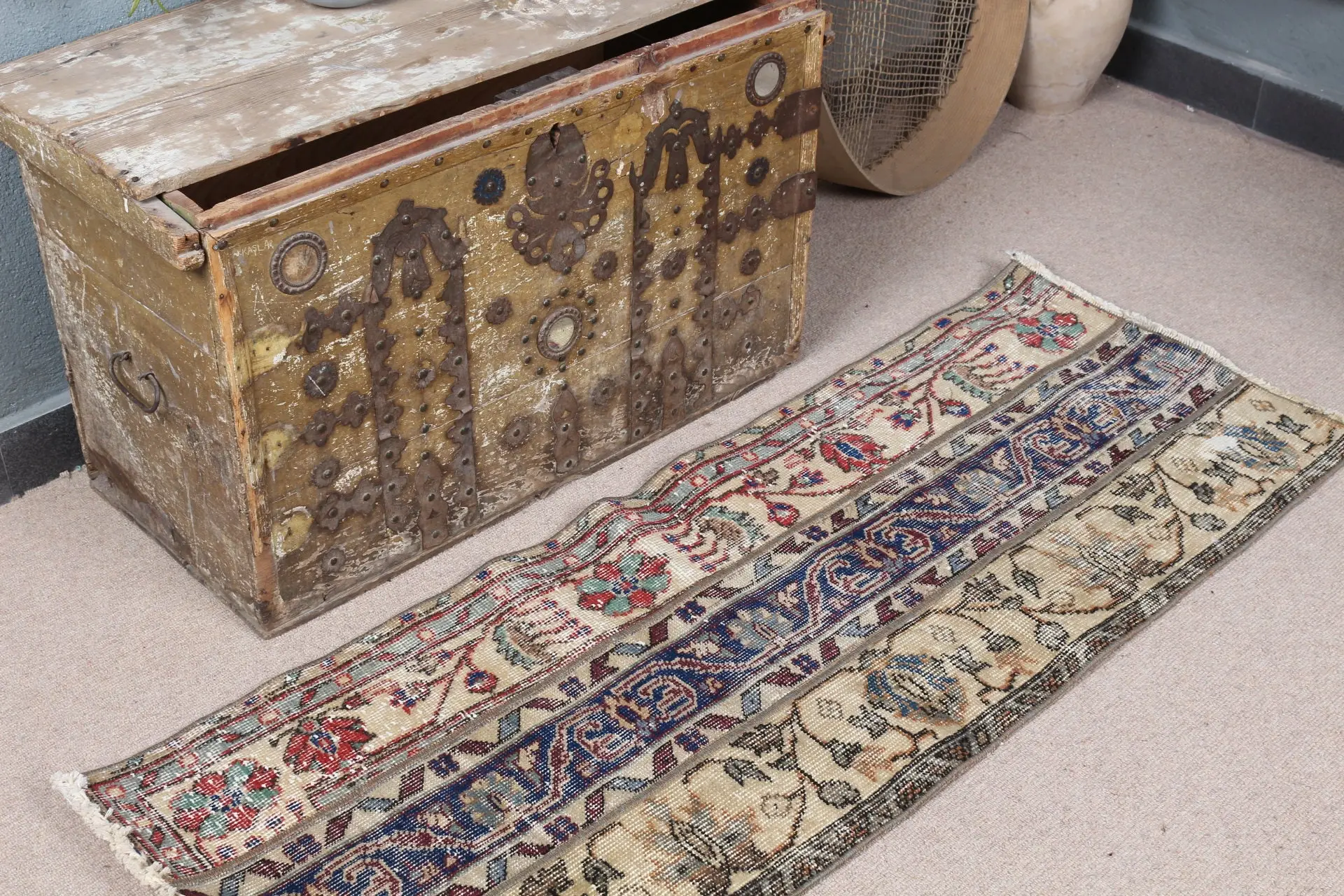 1.8x4.7 ft Vintage Small Rug, Blue Red Turkish Camouflage Wool Rug - 1