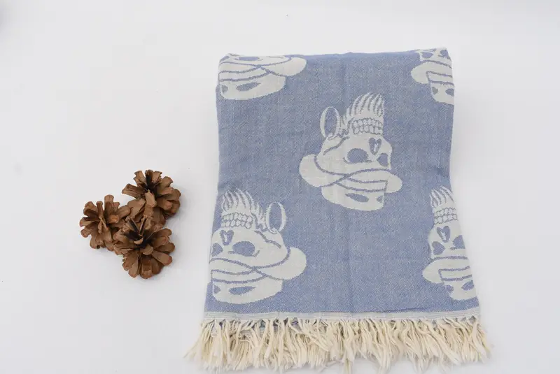 Blue Skull Patterned Turkish Bath Towel, Organic Cotton, 70x36 Inches