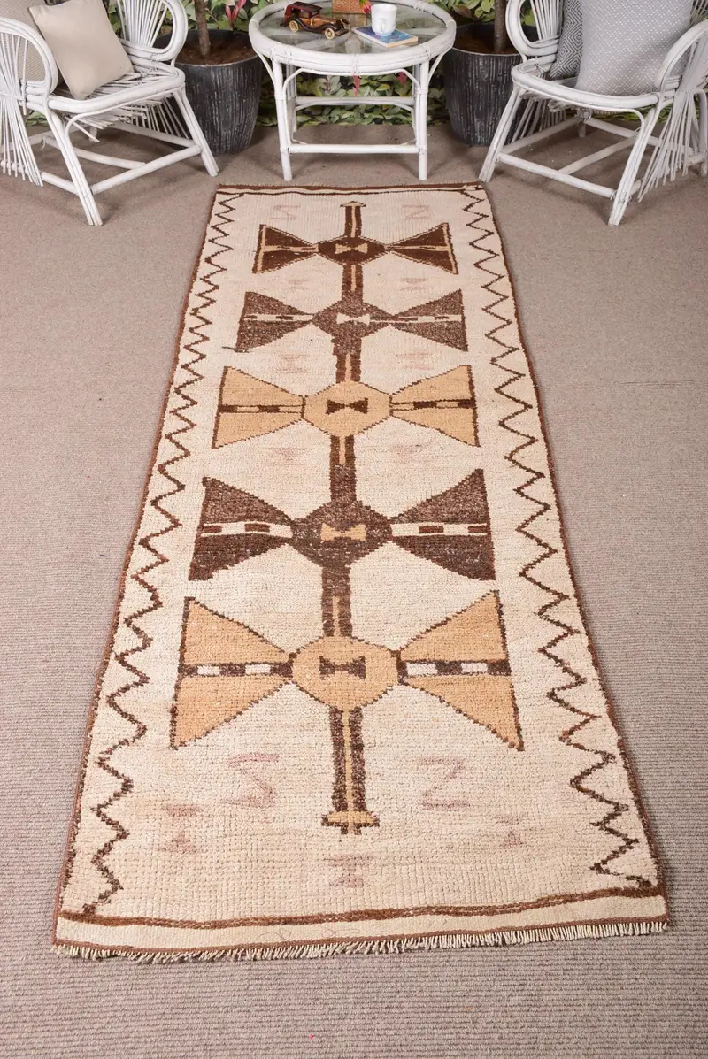 Türk Vintage Runner Halı 3.1x9.7 ft, Kahverengi Bej Çizgili Yün Halı - 1