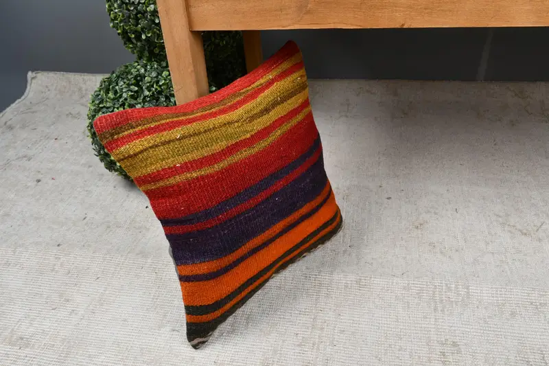 Vintage Kilim Pillow, Gift Pillow, Bohemian Cushion Pillow Cover, Boho Chic Pillow Cover, Kilim Pillow Cover, 14x14 Red Pillow, Pillow - 7