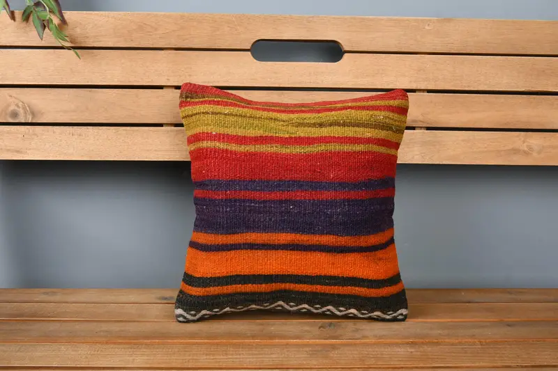 Vintage Kilim Pillow, Gift Pillow, Bohemian Cushion Pillow Cover, Boho Chic Pillow Cover, Kilim Pillow Cover, 14x14 Red Pillow, Pillow - 6