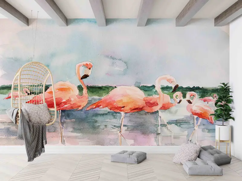 Baskılı Tropikal Flamingo Duvar Kağıdı: Kız Odası için Zarif Suluboya Dekoru