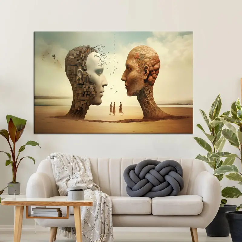 Surreale abstrakte Leinwand: Kopfschlösser und Schädelschlösser in der Wüste