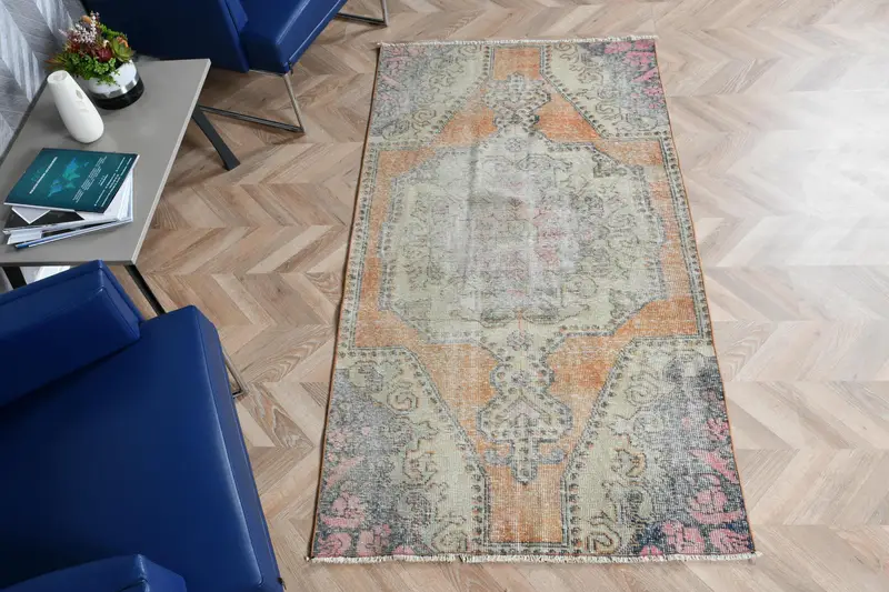 Türk Vurgulu Halı 3.37x6.4 ft, Turuncu Gri Oryantal Halı Yün - 1