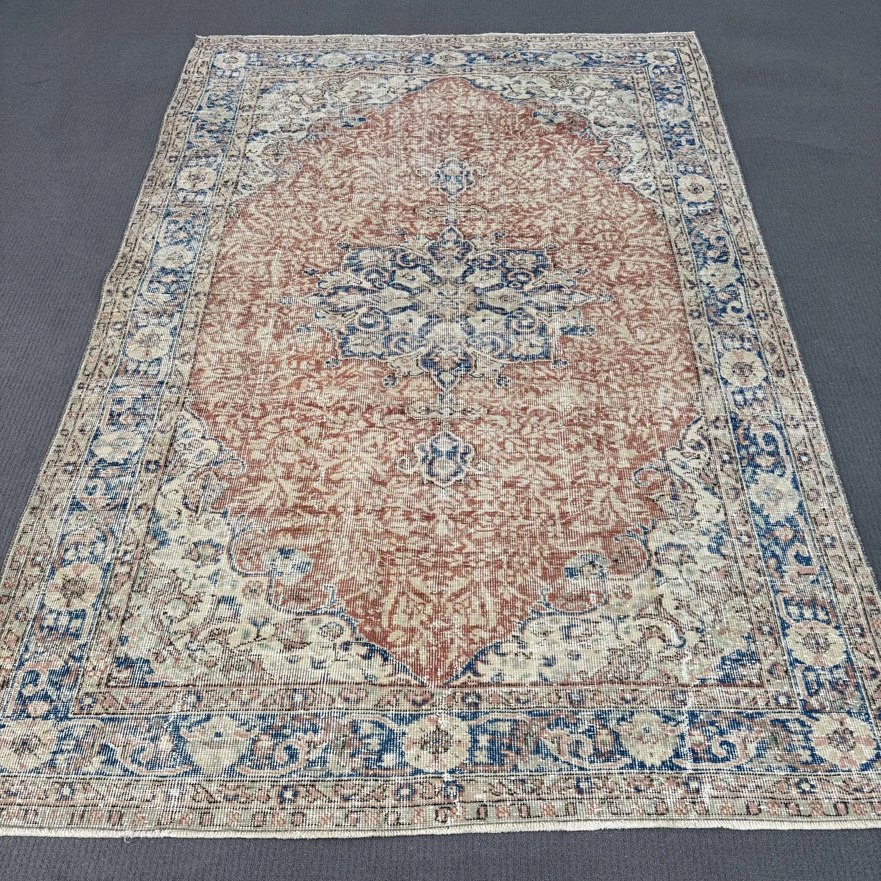 Turkish 5.5x7.9 ft Rug, Large Vintage Rug, Brown Blue Floral Wool Rug - 1