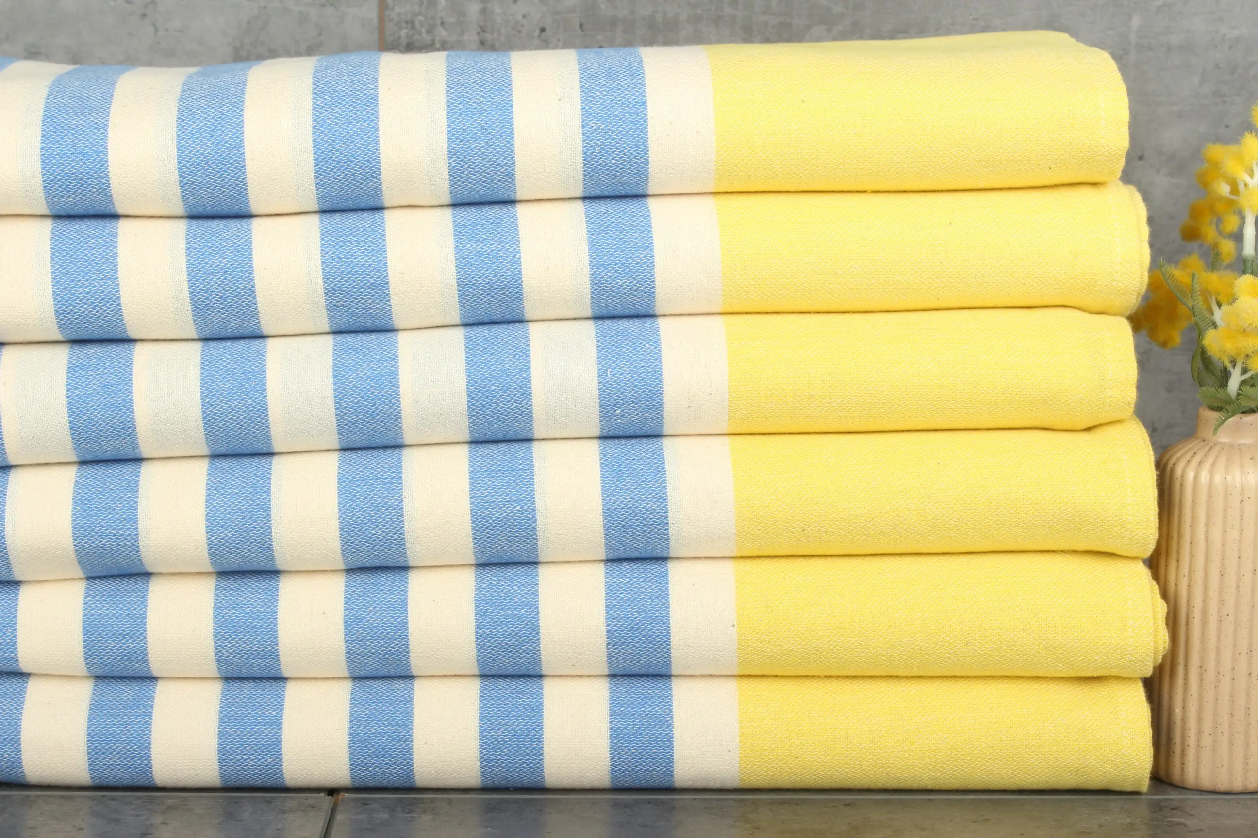 Bedspread Cotton Blue-Yellow Striped, King Size 63x60 Inches - 1