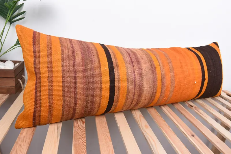 Handmade Kilim Cushion, 16x48 Orange Pillow Cover, Kilim Cushion Sham, Handmade Rug Seat Cushion Cover, Cushion Cover, Pillow for Couch - 4