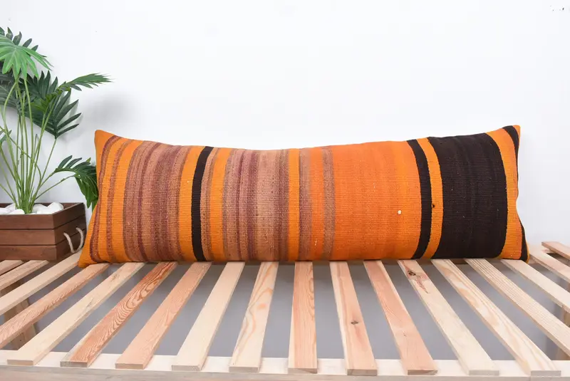 Handmade Kilim Cushion, 16x48 Orange Pillow Cover, Kilim Cushion Sham, Handmade Rug Seat Cushion Cover, Cushion Cover, Pillow for Couch - 1