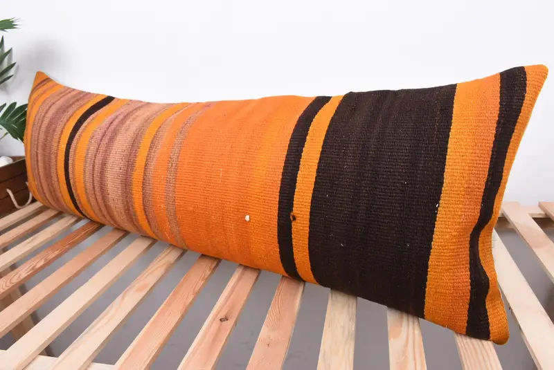 Handmade Kilim Cushion, 16x48 Orange Pillow Cover, Kilim Cushion Sham, Handmade Rug Seat Cushion Cover, Cushion Cover, Pillow for Couch - 5