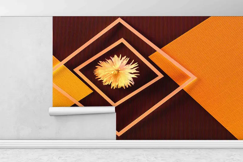 Blumenbild, Blume im mittleren Hintergrund Papierkunst, orangefarbener Wanddruck, Schichtpapierkunst, geometrische Tapete, 3D -Wanddekoration, - 1