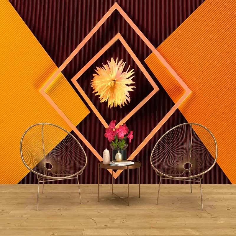 Blumenbild, Blume im mittleren Hintergrund Papierkunst, orangefarbener Wanddruck, Schichtpapierkunst, geometrische Tapete, 3D -Wanddekoration, - 7