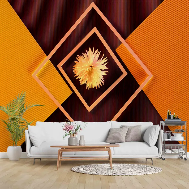 Blumenbild, Blume im mittleren Hintergrund Papierkunst, orangefarbener Wanddruck, Schichtpapierkunst, geometrische Tapete, 3D -Wanddekoration, - 6