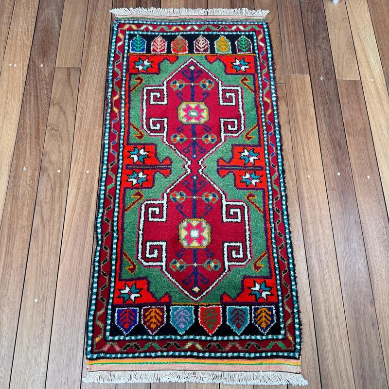 Turkish Vintage Rug, 1.9x4 ft Small Rug, Red Green Solid Wool Rug - 1