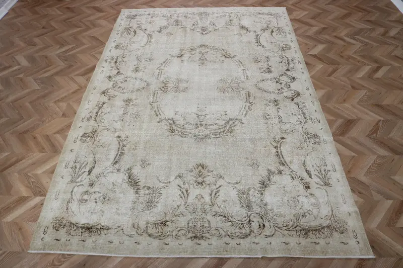 Turkish Oushak Large Rug 6.6x10.2 ft (200x312 cm), Vintage Gray Plants & trees Rug - 1